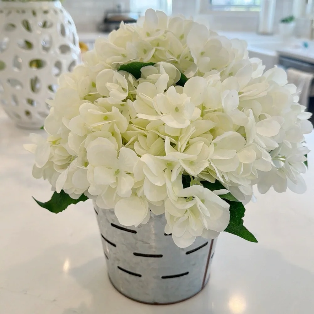 Faux White Hydrangeas Arrangement In Metal Can NWOT
